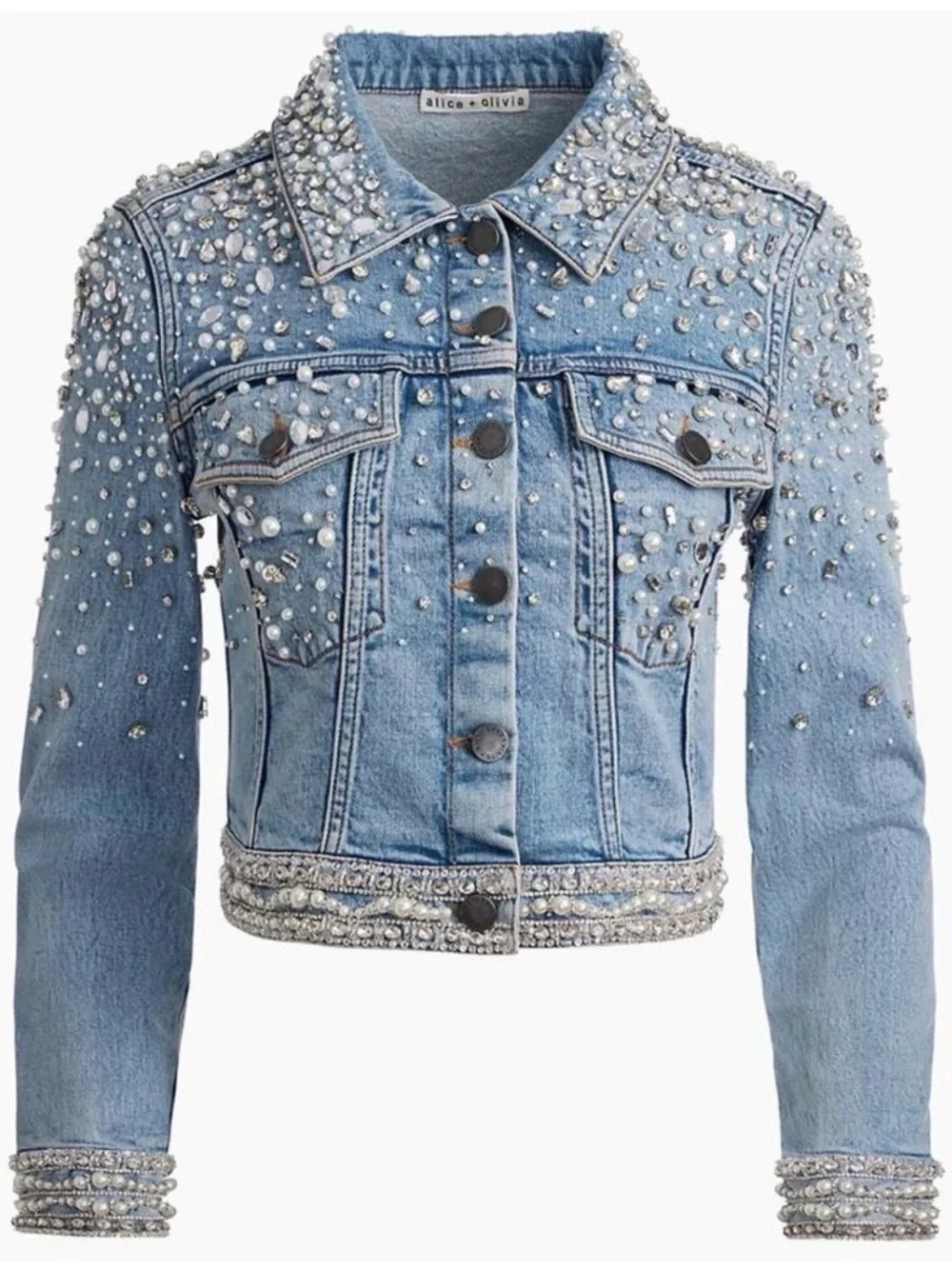 Alice + Olivia Crystal Pearl-Embellished Blue Denim Jacket XS - Picture 3 of 13